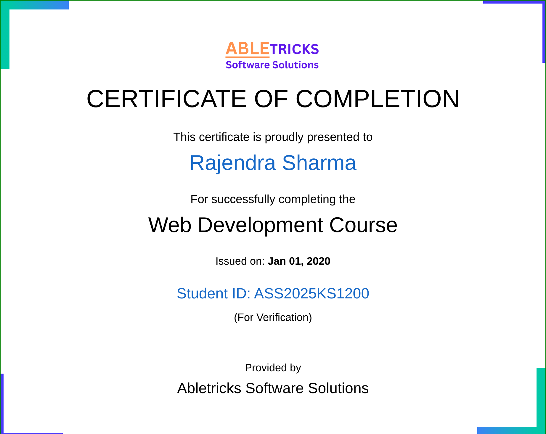 Sample certificate awarded by Abletricks Software Solutions upon course completion